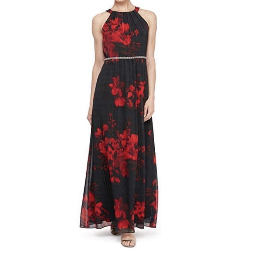Red Floral Dress Sz 8 M Maxi 90s Y2K sheer Buttons Zipper Whimsigoth Roses embri